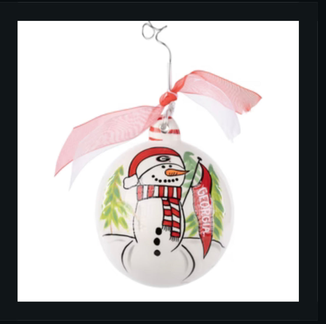 Christmas ornament featuring a snowman with a Georgia flag, hat, and scarf.