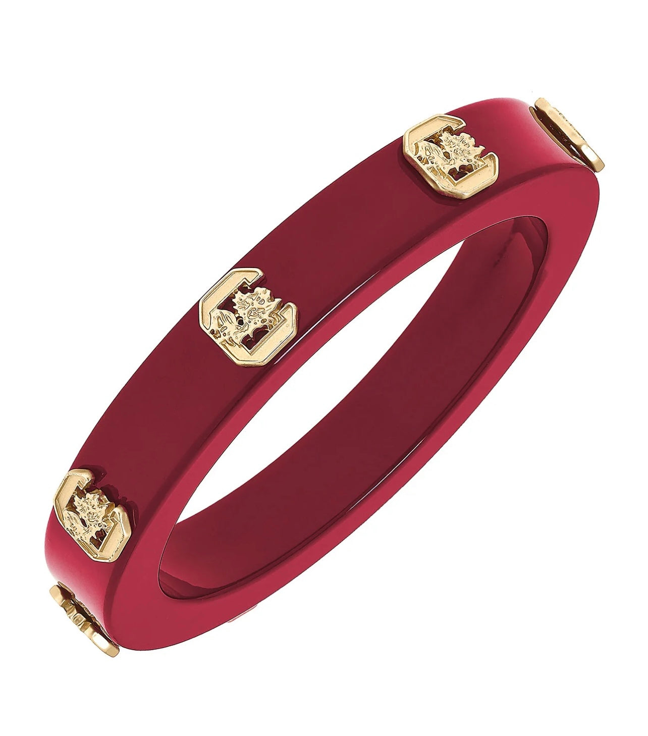 Garnet colored resin bangle with golden gamecock emblems.