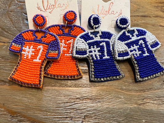 Beaded jersey earrings featuring "#1" in assorted colors.
