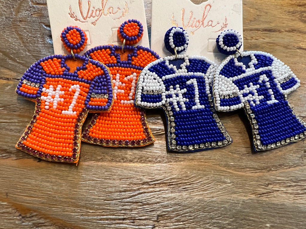 Beaded jersey earrings featuring "#1" in assorted colors.