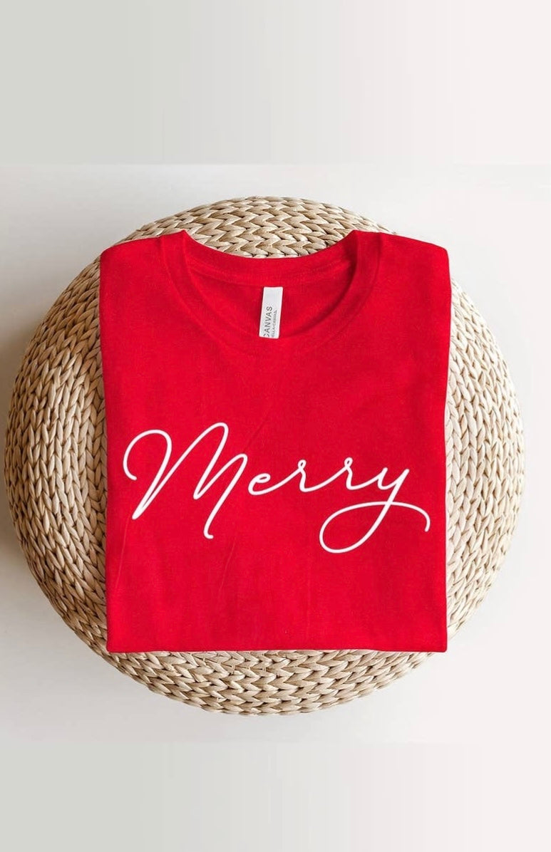 Red Christmas Graphic T-Shirt featuring "merry" in white lettering.