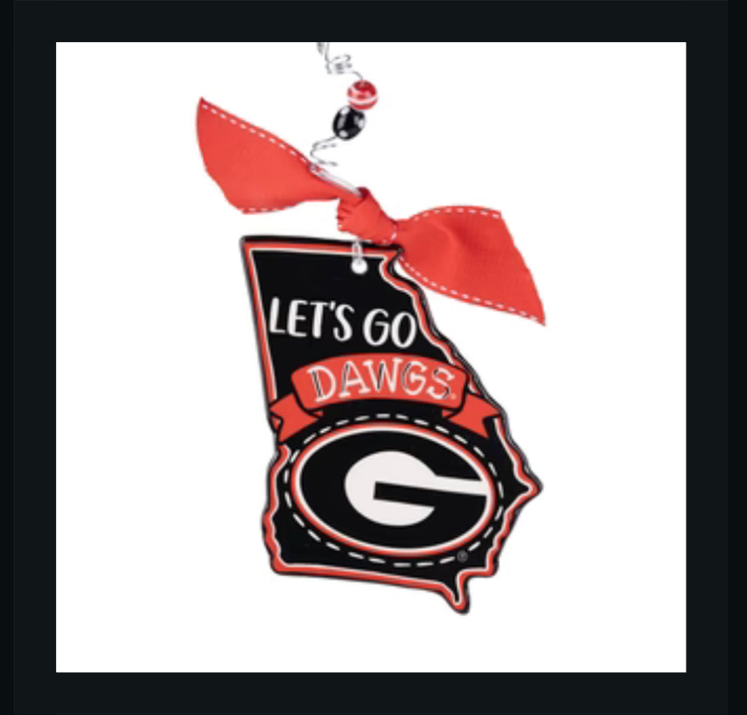 Christmas ornament in the shape of Georgia featuring "Let's Go Dawgs" with the "G" emblem.