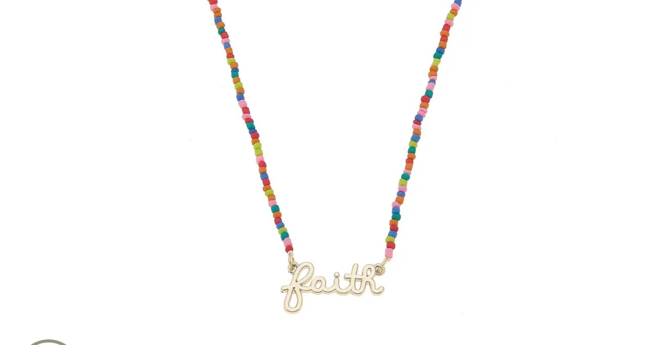 "Faith" Rainbow Beaded Script Necklace in Shiny Gold