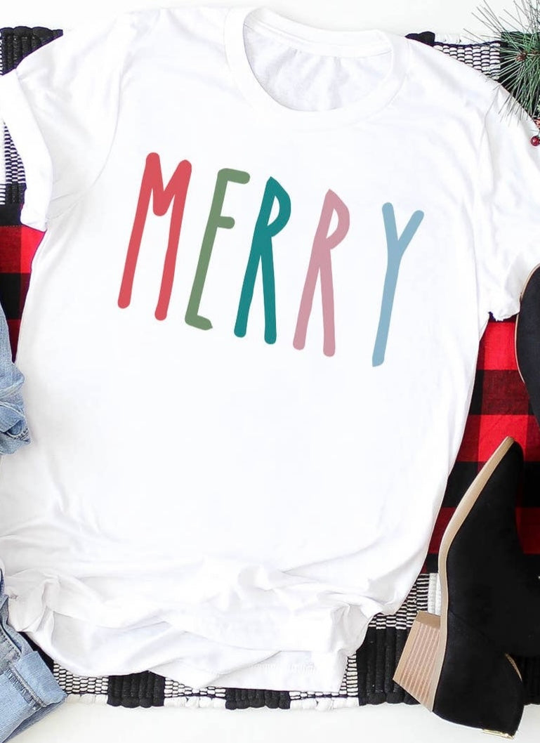 Christmas Graphic T-Shirt featuring "merry" in red, green, teal, pink, and light blue.