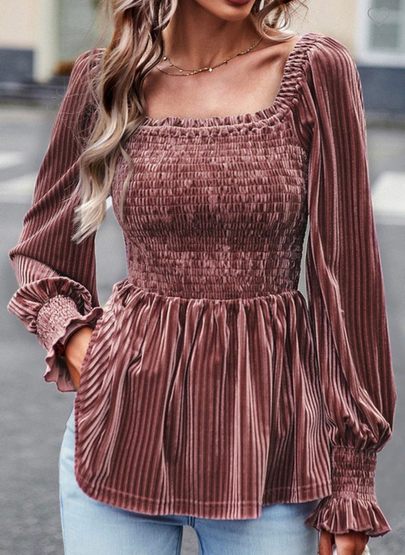 Mauve Velvet Striped Smocked Blouse.