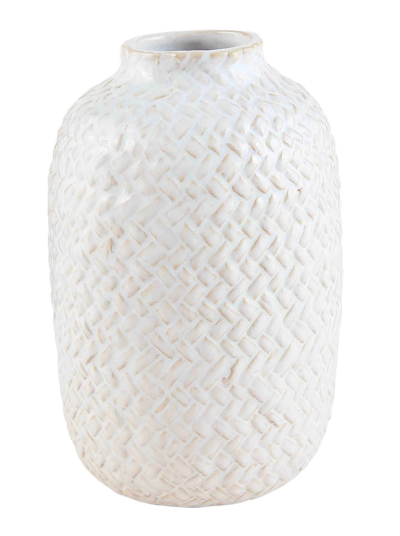 White glazed patterned ceramic vase.