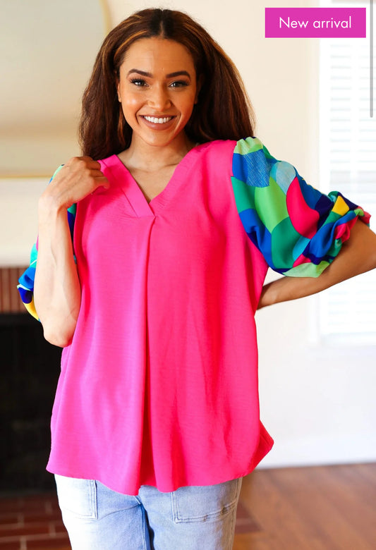 Haptics V Neck Top with Colorful Banded Elbow Length Bubble Sleeve