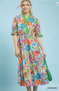 Mix Floral Midi Dress with Ruffle Trim