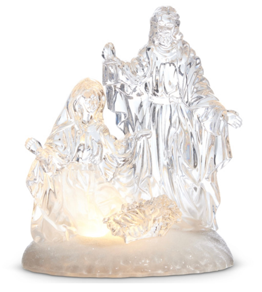 Clear lighted acrylic manger scene.