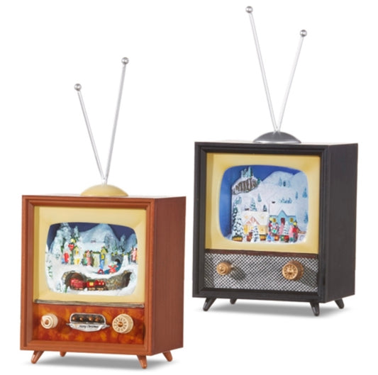 10-inch musical tv that plays Christmas songs. Comes in brown or black.