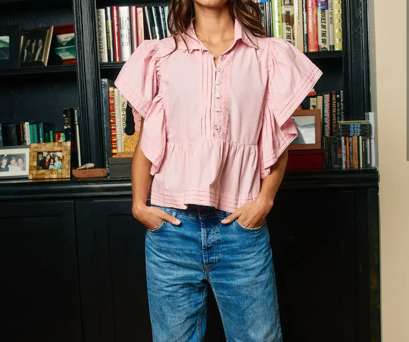 Ruffle Sleeve Pintuck Detail Peplum Blouse