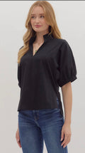 Solid puff sleeve top V-neck