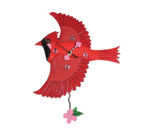 Clock designed as a cardinal with flowers as hands.