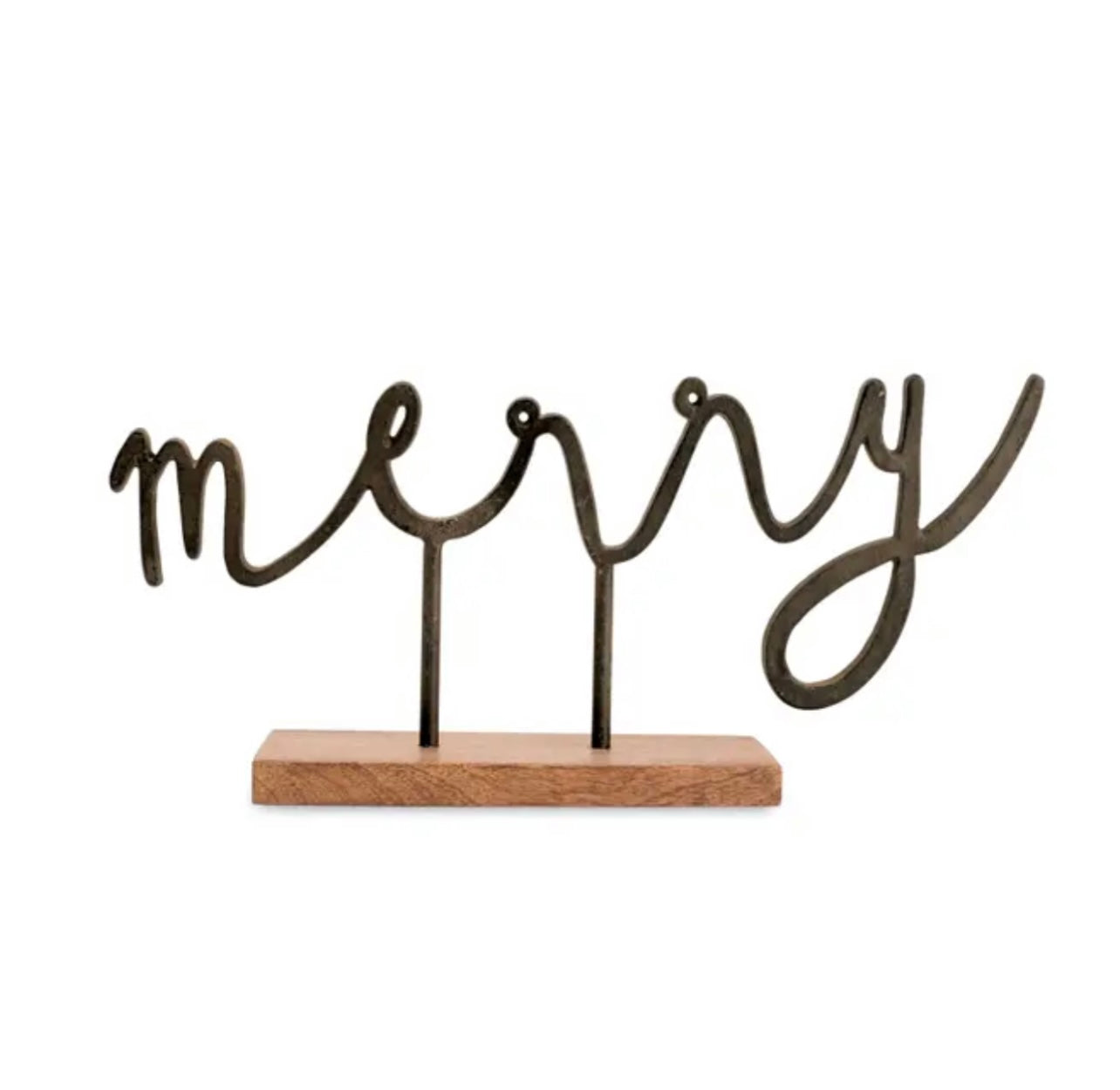 Cast iron word art with wooden base featuring "Merry".