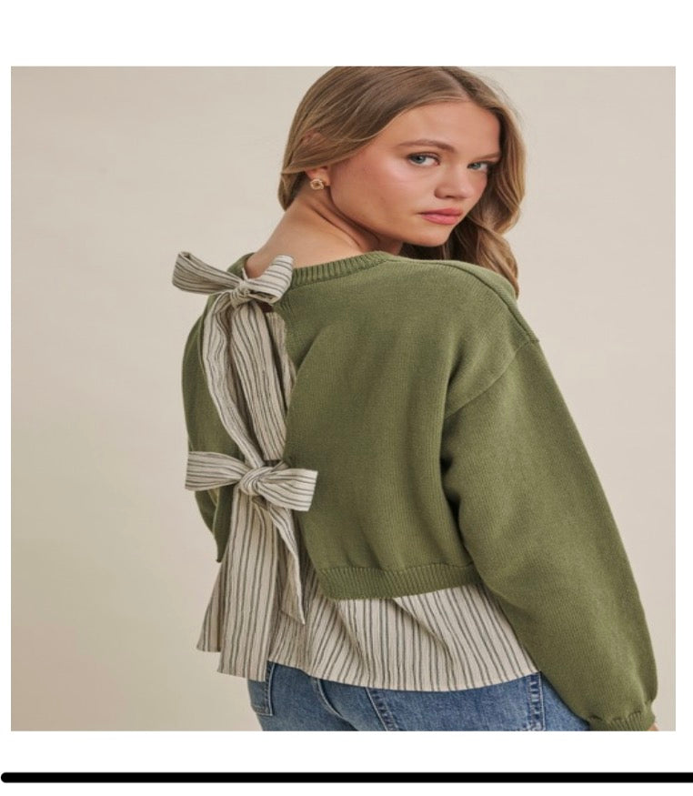 ENGLISH GARDEN STRIPE MIX BACK BOW TWOFER LAYER SWEATER TOP
