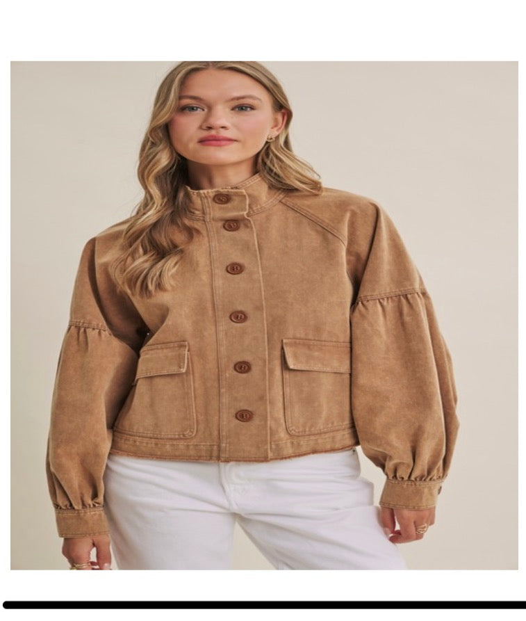 WESTERN INSPIRED MINERAL-WASHED COTTON BALLOON SLEEVES JACKET