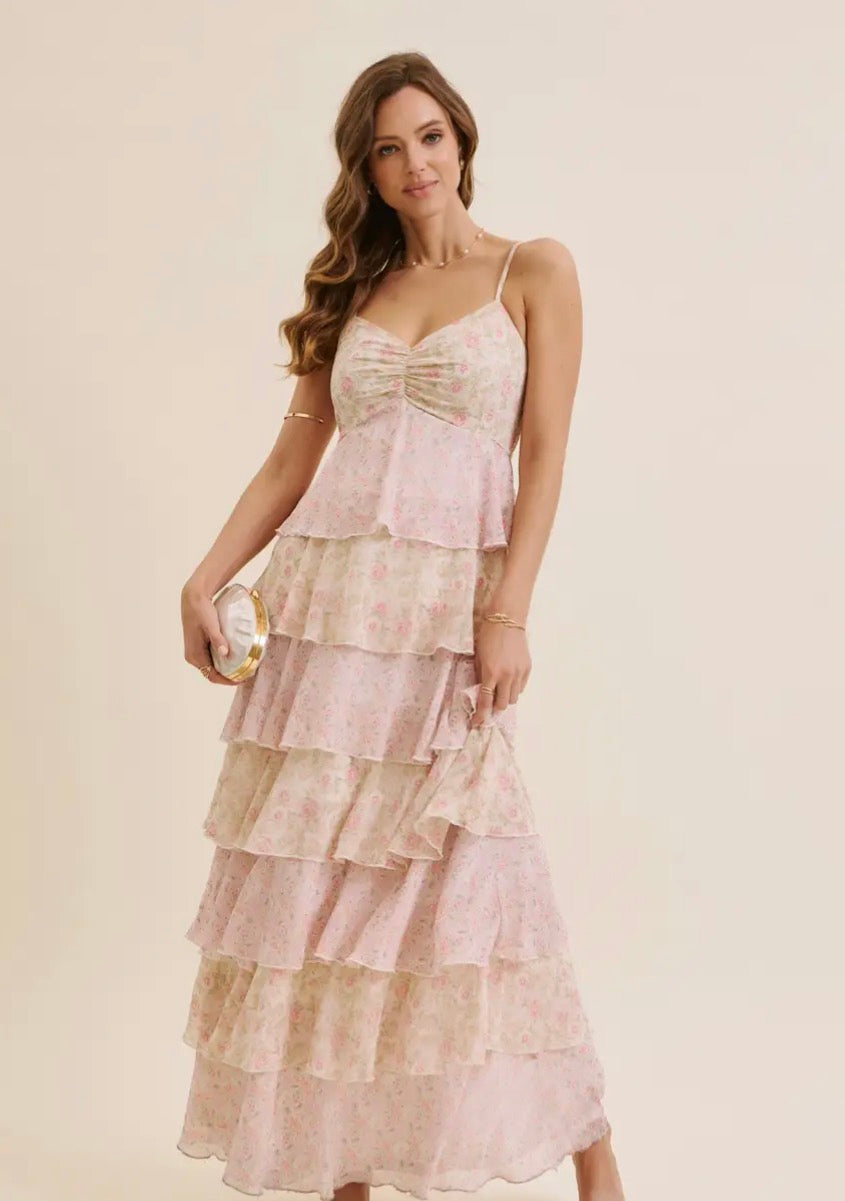 Definition of Seasonless Feminity Floral Tiered Maxi Dress
