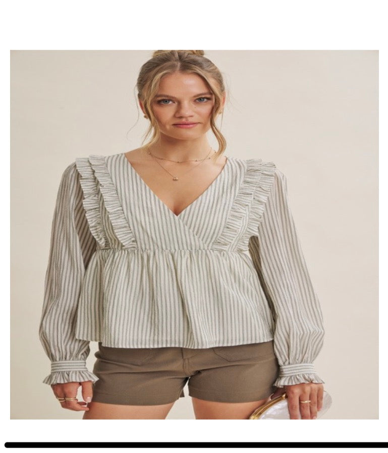 GOLDEN MORNING V-NECK CRINKLED STRIPE BABYDOLL WRAP TOP