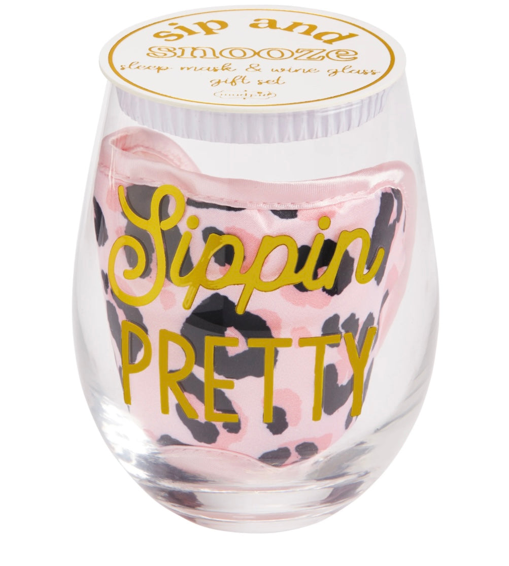 "Sippin' Pretty" sip & snooze wine glass & sleep mask set.
