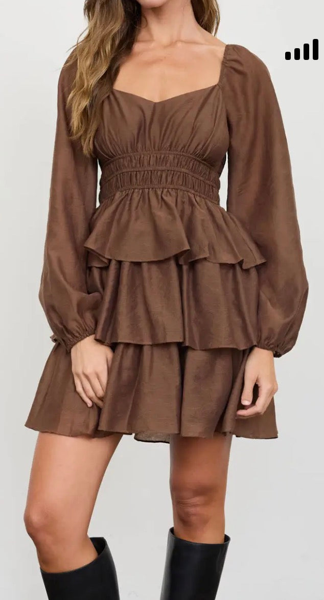 Smocked Bishop Sleeve Tiered Mini Dress