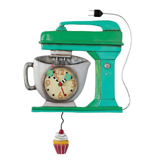 Clock designed like a green vintage mixer with a cupcake.