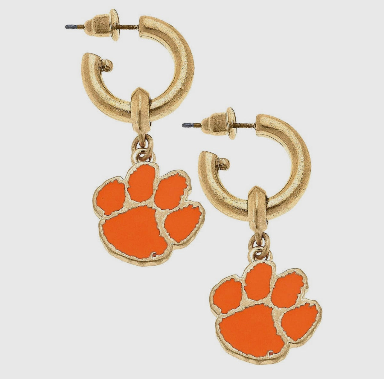 Clemson University College Enamel Drop Hoop with Clemson Tiger paw.