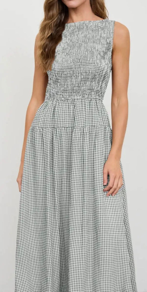 Smocked Gingham Tired Sleeveless Midi Dress