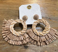 Tan raffia fringe earrings.