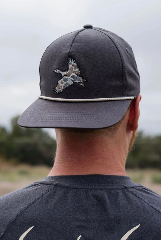 Men's Burlebo hat with a camo flying duck.