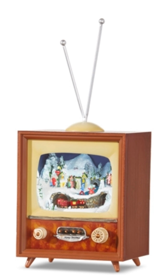 10-inch musical tv that plays Christmas songs. Comes in brown or black.