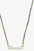 "Blessed" Rainbow Beaded Script Necklace in Shiny Gold