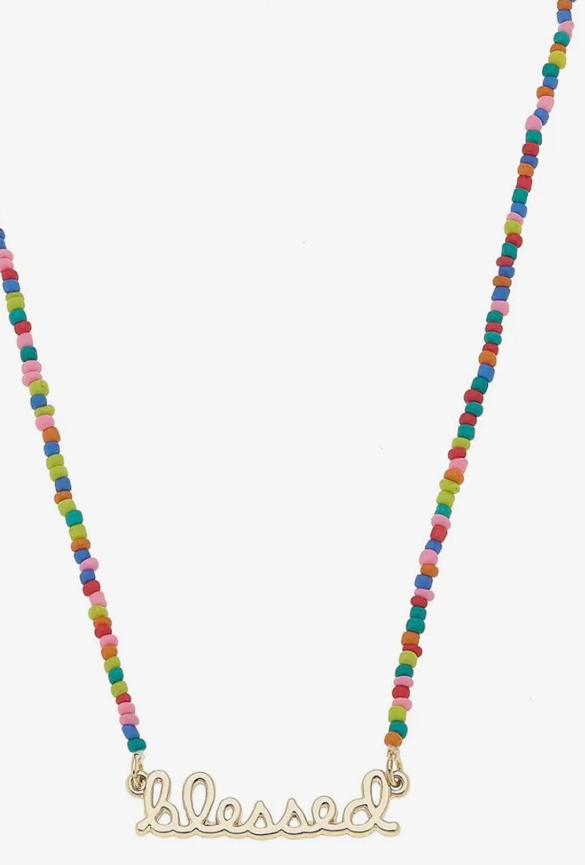 "Blessed" Rainbow Beaded Script Necklace in Shiny Gold