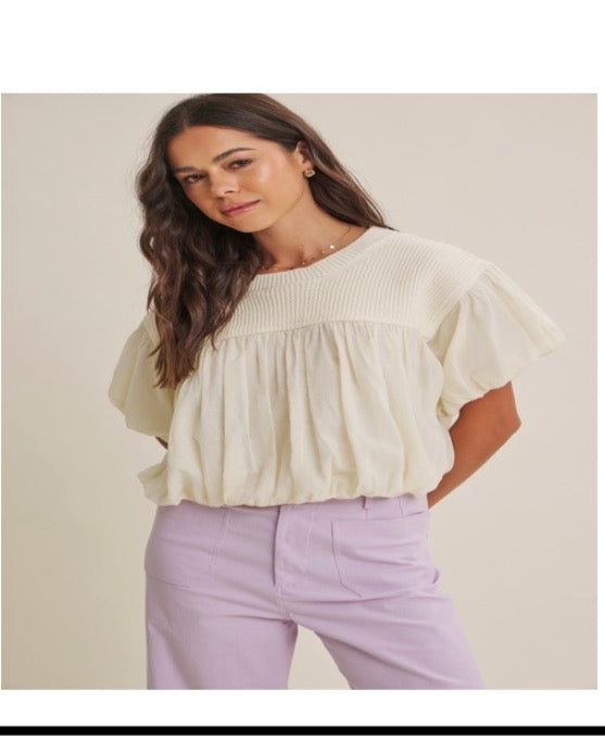 SOFT SUNLIGHT SWEATER MIXED COTTON BUBBLE TOP WITH PUFF SLVS