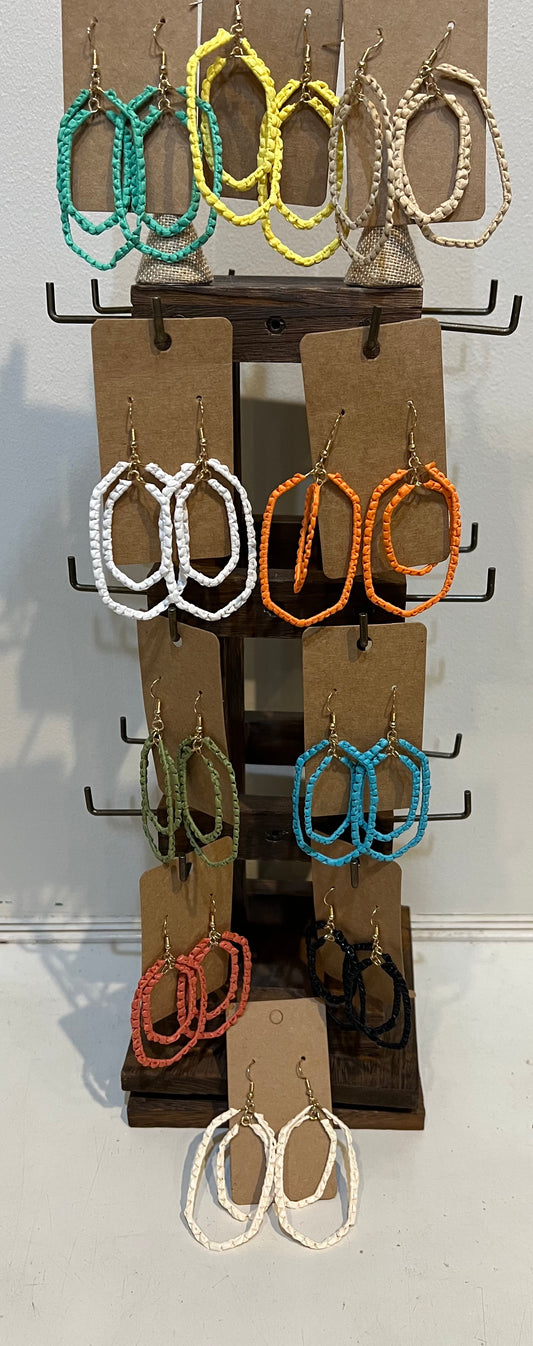 Assorted colored Double Dangle Raffia Earrings.