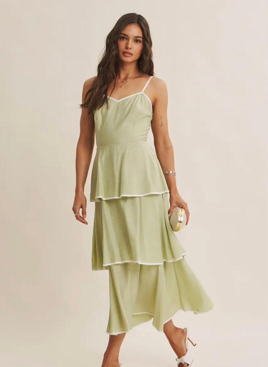 Olive Garden Afternoon Crinkled Open Back
Tiered Midi Dress