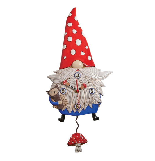 Clock shaped as a gnome, with red polka dot hat with mushrooms as hands.