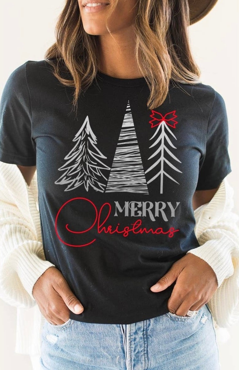 Balck Christmas Graphic T-Shirt featuring "Merry Christmas" in red and silver lettering with silver Christmas trees.