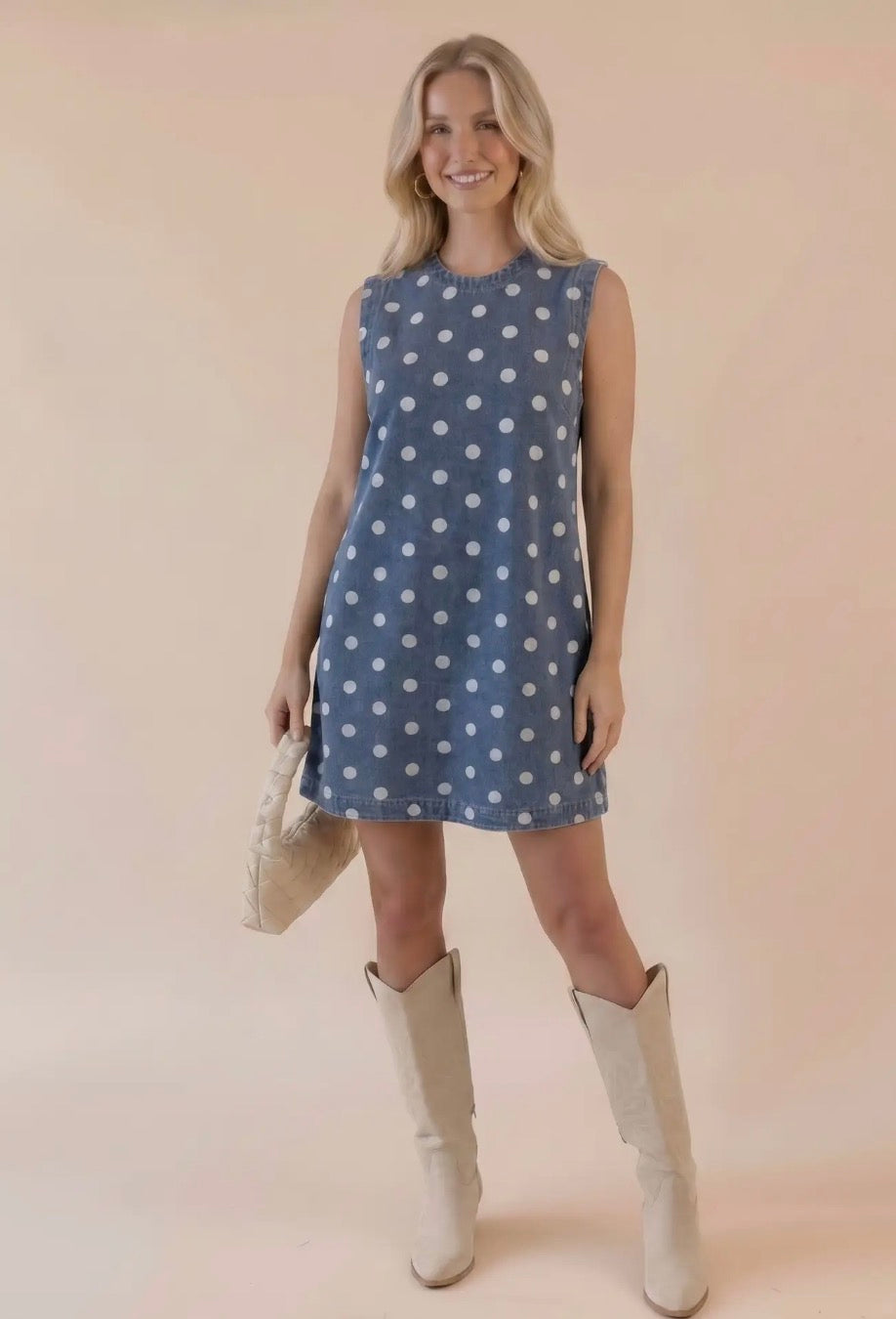 Polka Dot Sleeveless Denim Dress