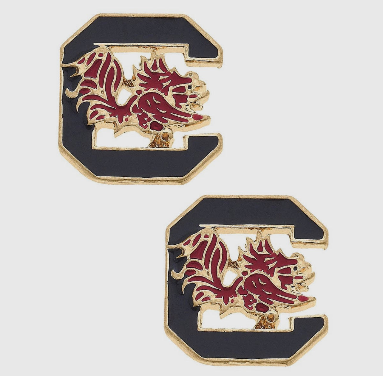 Enamel Collegiate Stud Earrings featuring gamecock logo in garnet & black for the University of South Carolina.