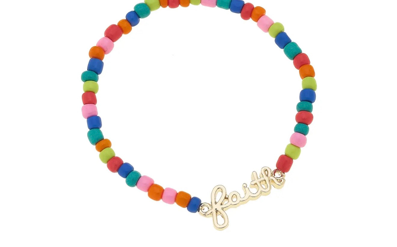 "Faith" Rainbow Beaded Stretch Bracelet in Shiny Gold