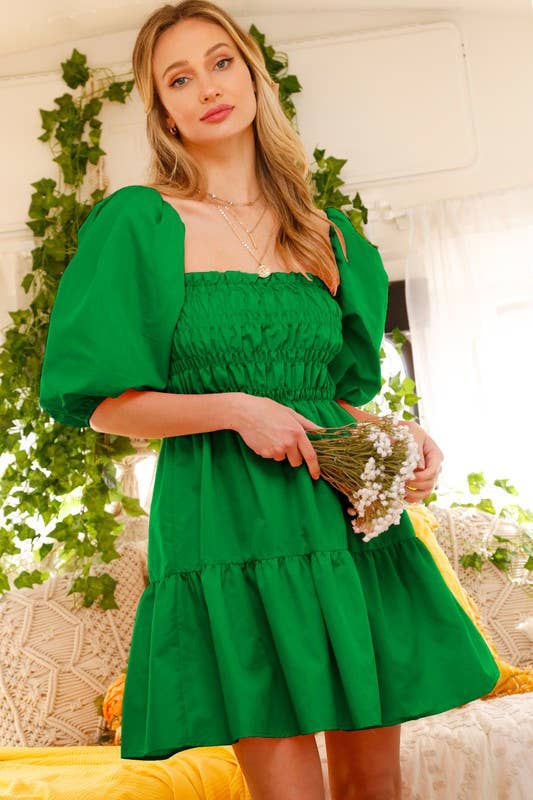 Puff Sleeves Smocked Top Poplin Dress