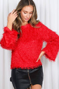 Red Fashionable Long Bell Sleeve Fluffy Fuzzy Blouse Top