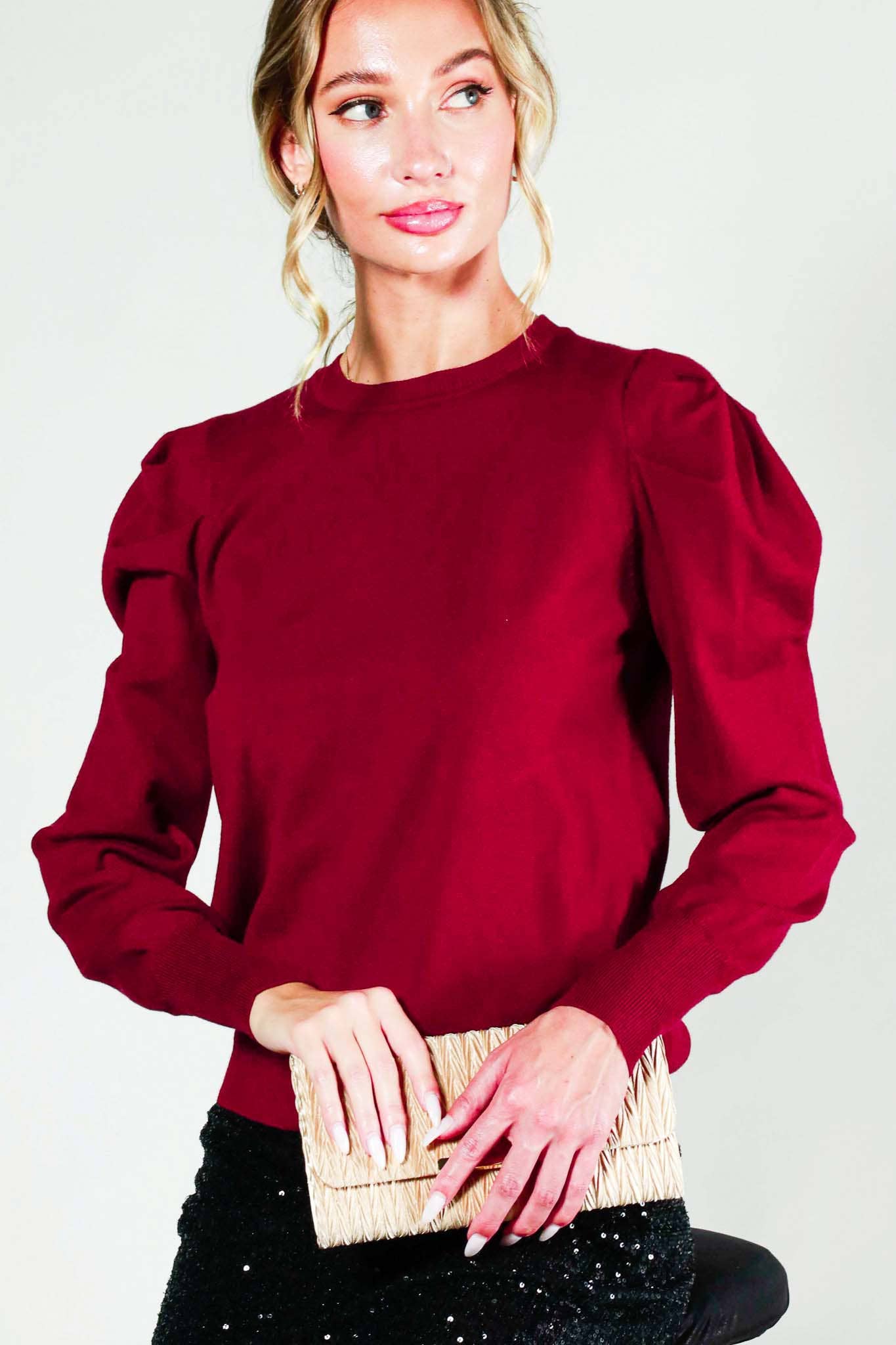 Crew Neck Puff Long-Sleeve Knitted Sweater
