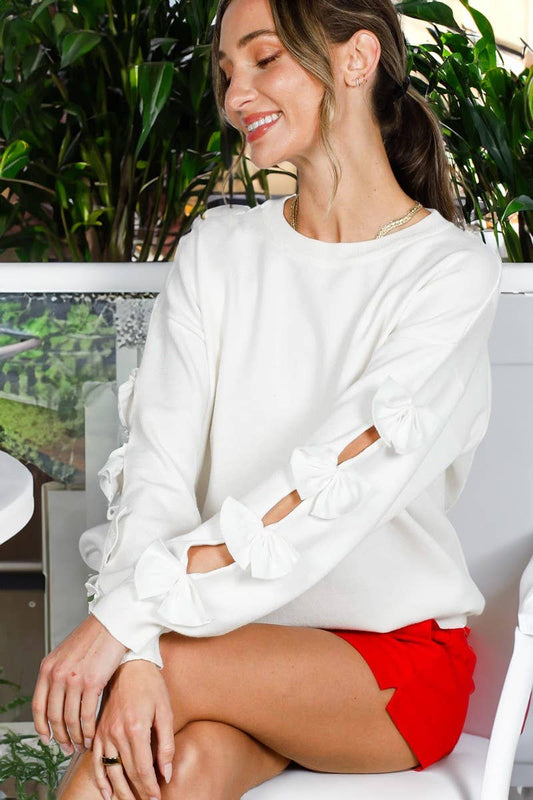Bow Split Long-Sleeve Crew Neck Knit Sweater