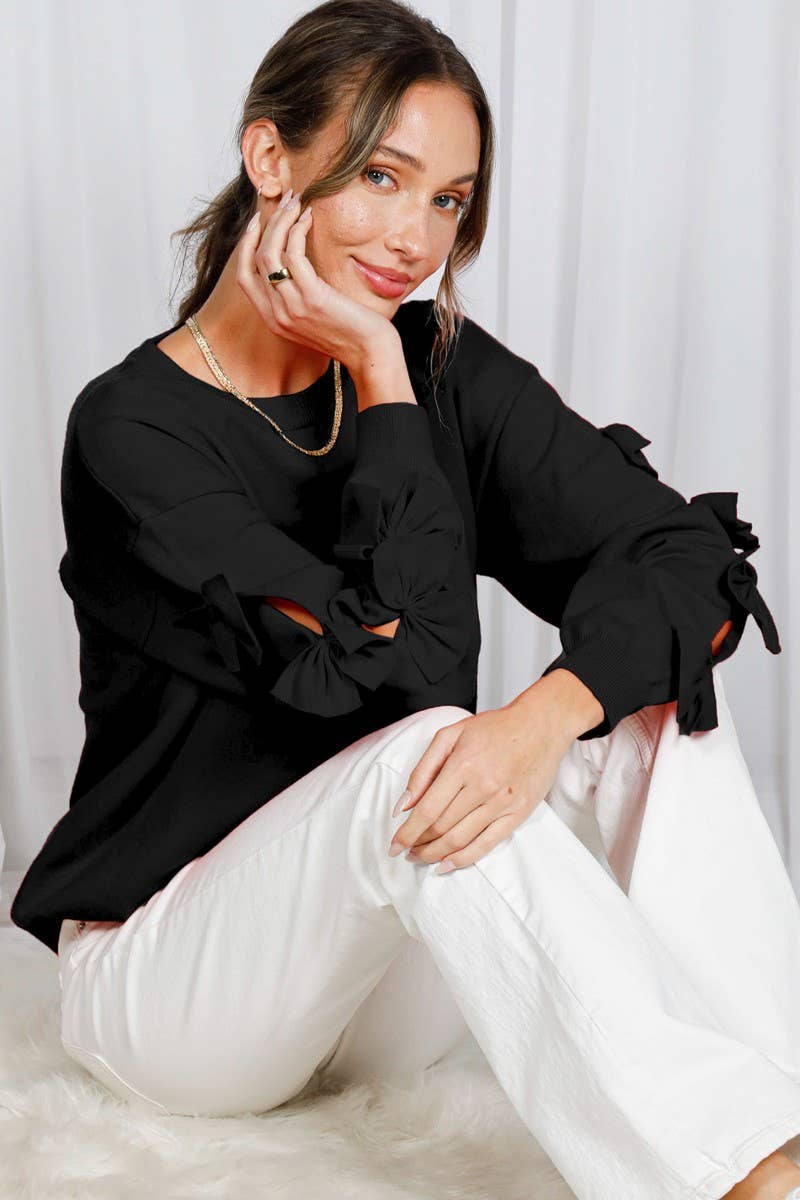 Bow Split Long-Sleeve Crew Neck Knit Sweater