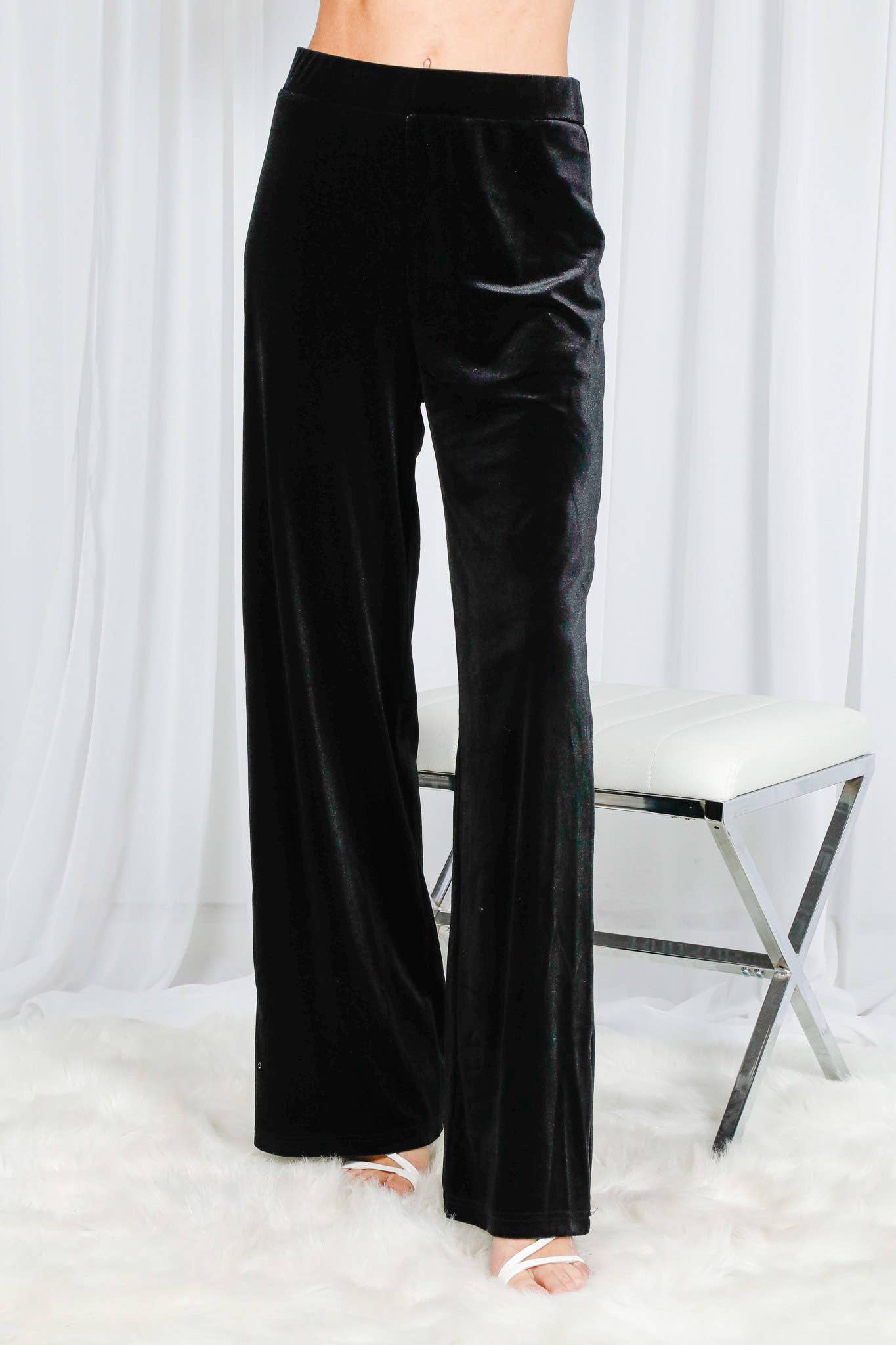 Black Velvet Straight Wide-Leg High Rise Pants