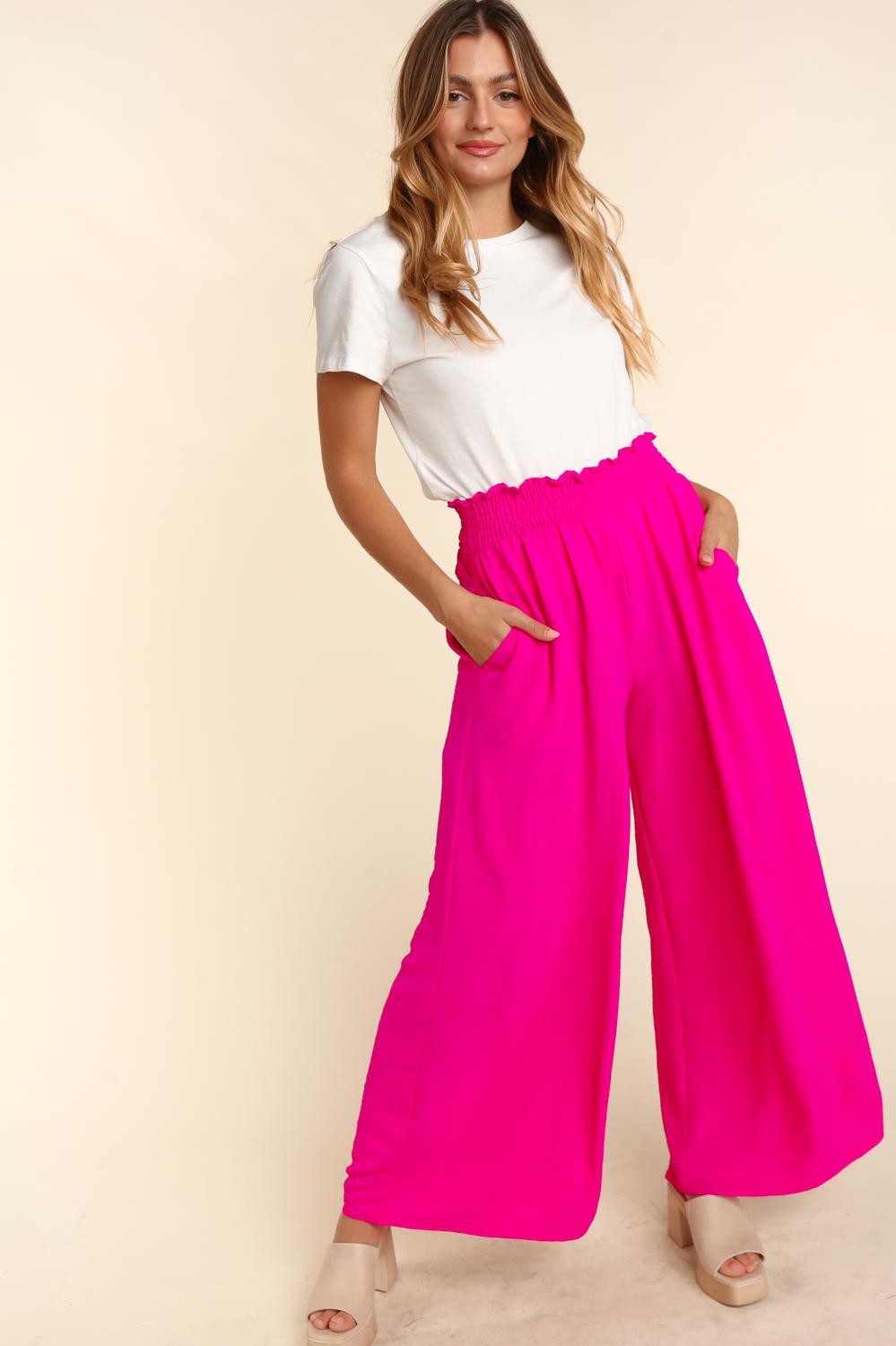 Smocked Waist Wide Leg Pants