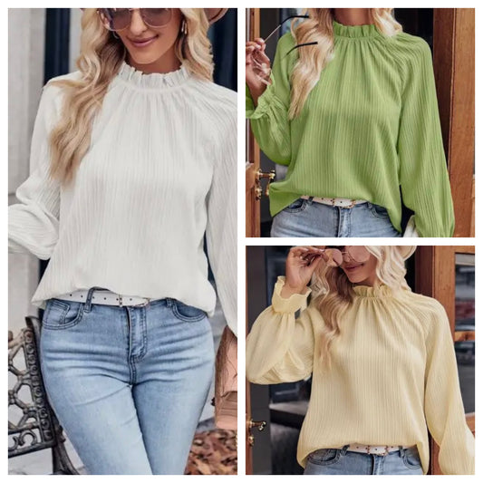 Solid Mock Neck Cuff Sleeve Blouse