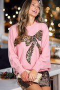 Leopard Sequin Bow Embellishment Crew Neck Sweater
