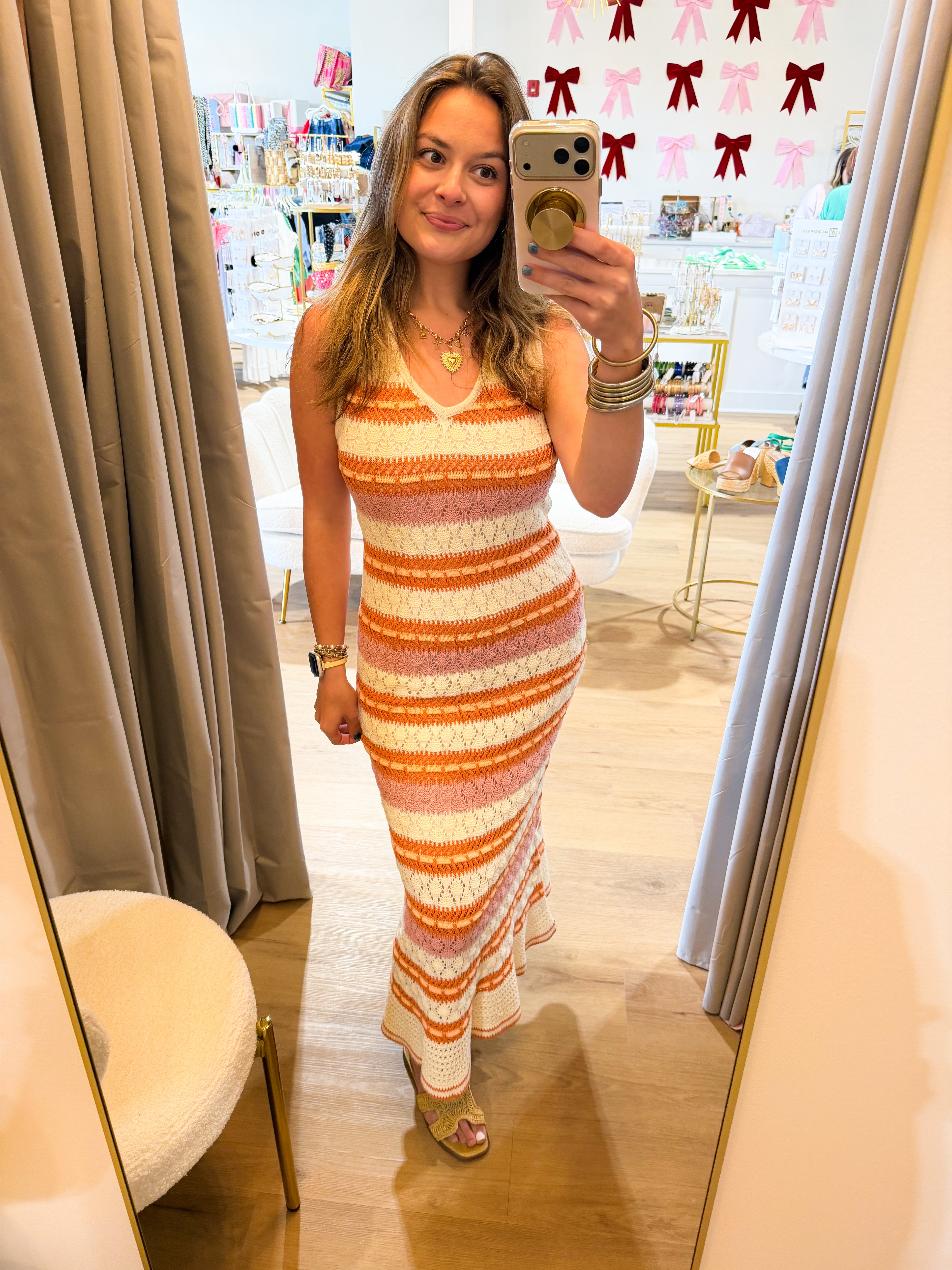 Retro-Inspired Multi-Color Form Fitting
Crochet Sweater Midi